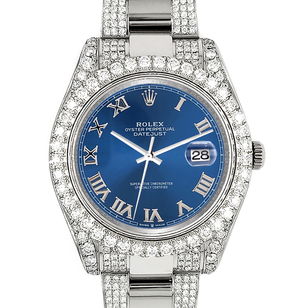 Rolex Datejust II 41mm 10.3CT Pave Diamond Watch with Blue Roman Dial Box Papers eBay